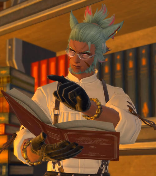 L'ari Frey He/Him Bookkeeper + Healer A tired ex-Garlean conscript looking to spend the rest of his days reading in the dark without having to worry about his eye prescription. More